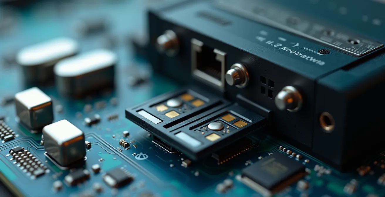 Gros plan détaillé montrant les connexions de câbles Ethernet, les emplacements de cartes SIM et la batterie interne d'une centrale d'alarme professionnelle