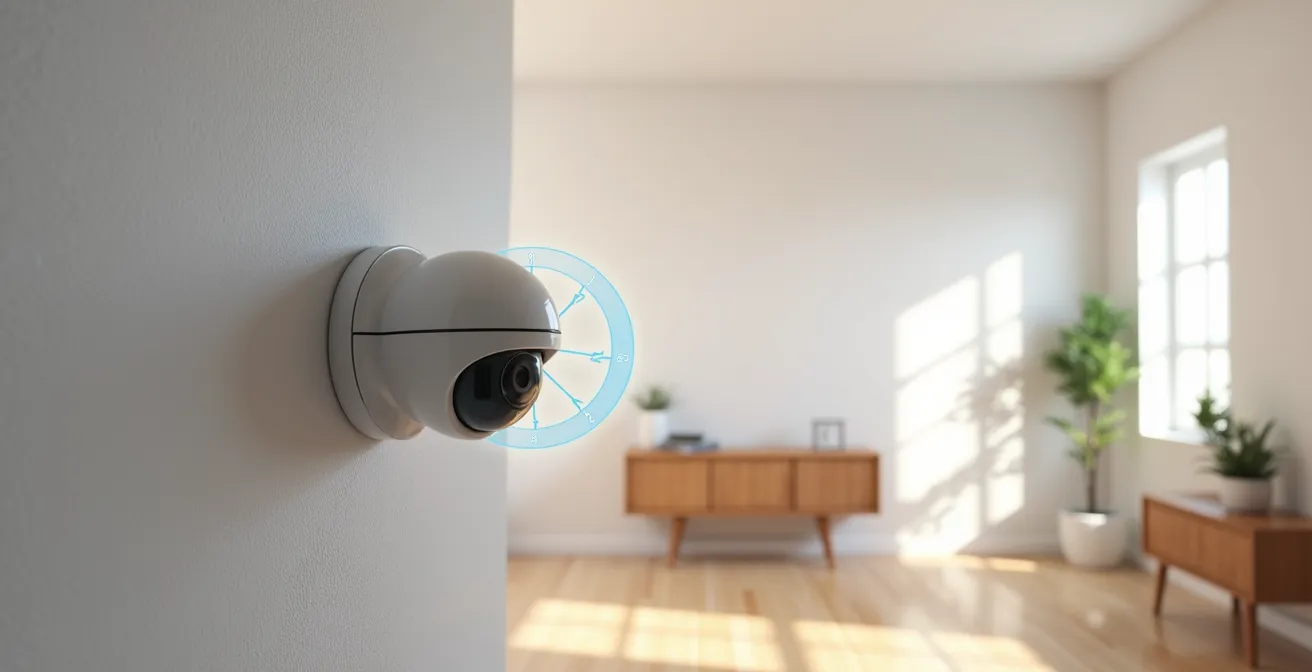 Vue en coupe d'une pièce de maison montrant le placement optimal d'un détecteur de mouvement en hauteur sur un mur avec son angle de couverture
