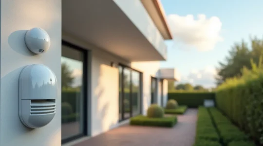 Vue d'ensemble d'une maison moderne équipée de capteurs de sécurité et d'une sirène extérieure, avec éclairage cinématographique et composition symétrique
