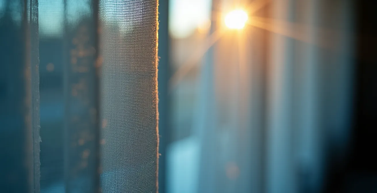 Gros plan sur la texture d'un rideau épais symbolisant l'absorption des ondes sonores par le tissu.