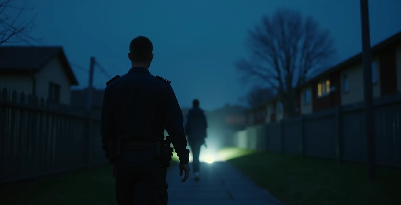 Agent de sécurité effectuant une ronde de nuit aux abords d'une propriété