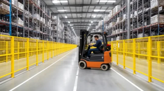 Allée d'entrepôt industriel équipée d'arceaux de protection collective jaunes séparant zone piétonne et zone chariot