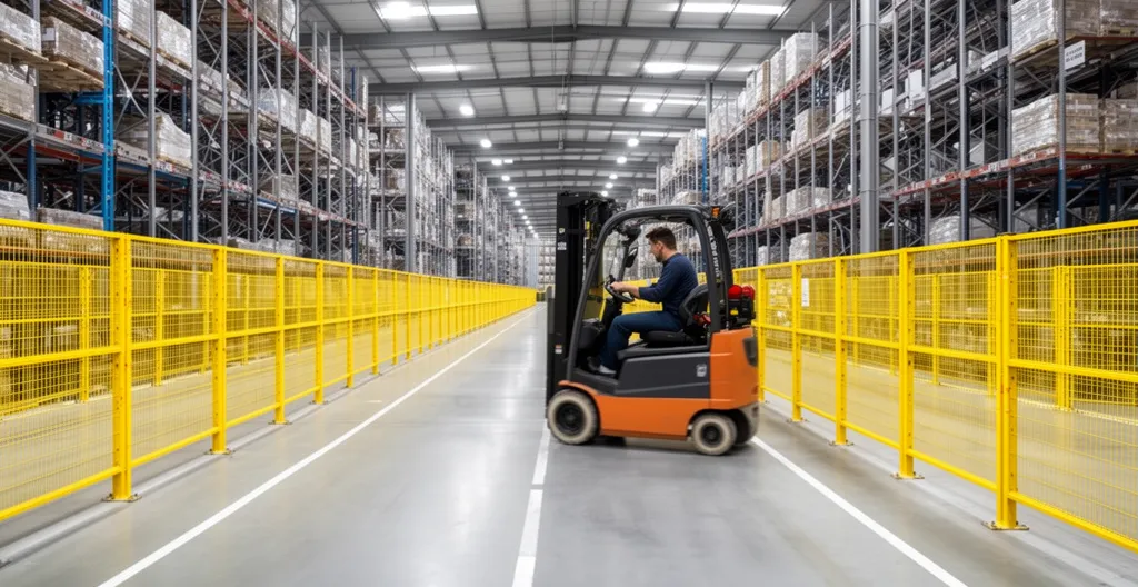 Allée d'entrepôt industriel équipée d'arceaux de protection collective jaunes séparant zone piétonne et zone chariot
