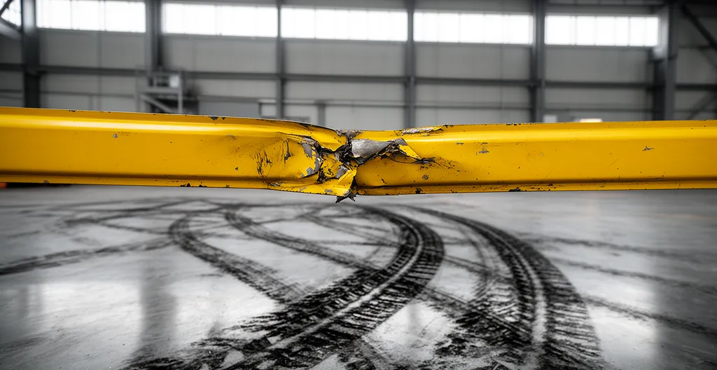 Arceau de protection jaune présentant une déformation visible après impact de chariot élévateur