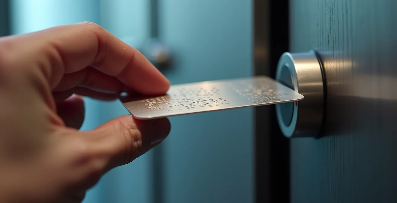 Gros plan sur une main approchant un badge RFID d'un lecteur d'armoire à clés électronique moderne