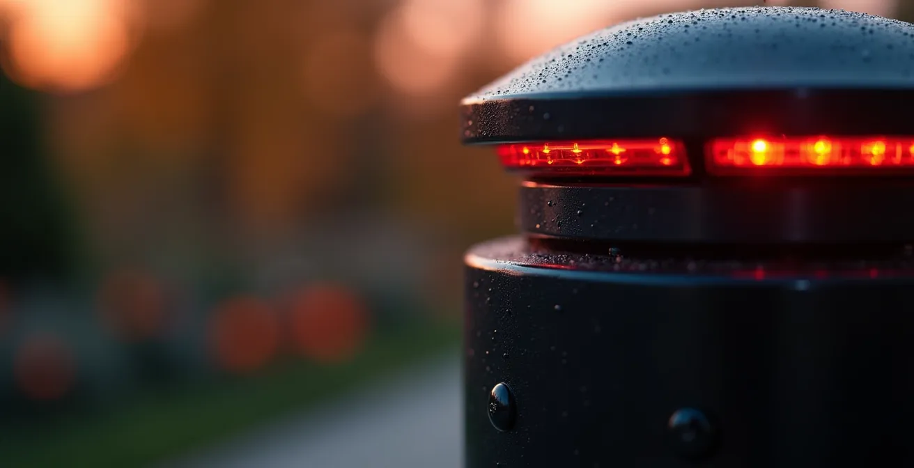 Colonnes de barrières infrarouges avec faisceaux multiples dans un jardin au crépuscule
