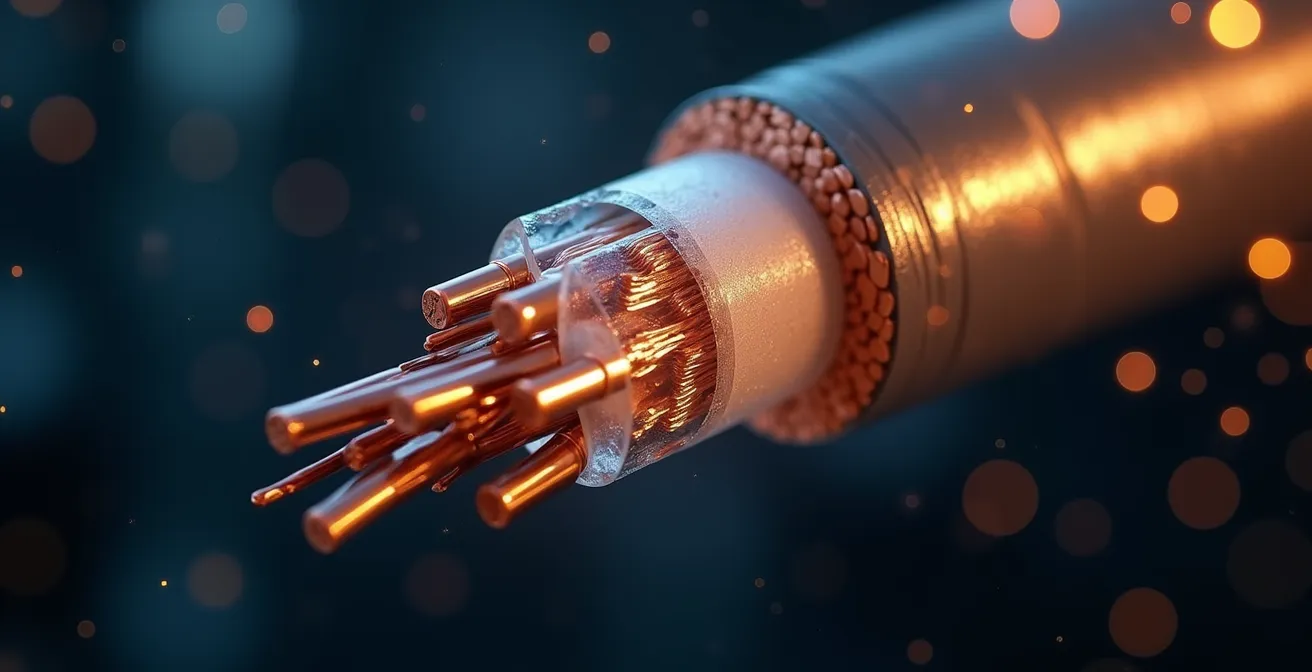 Coupe transversale d'un câble industriel montrant l'isolation et les conducteurs dans un environnement d'usine