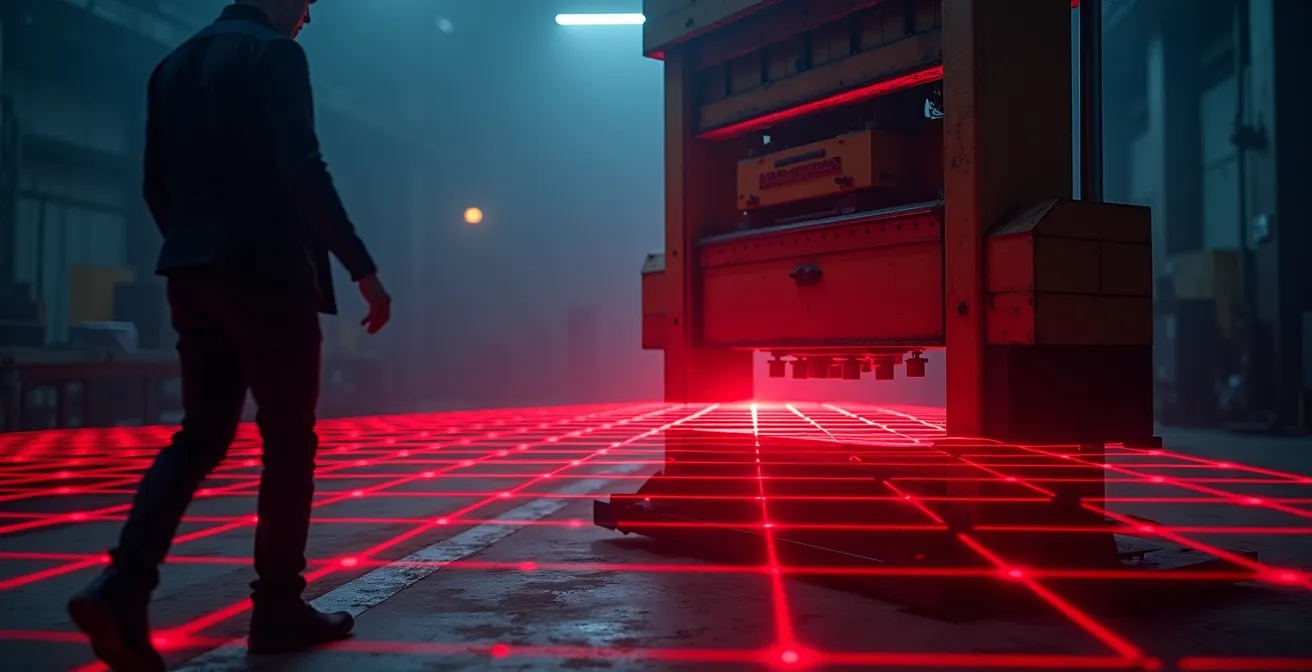 Schéma technique montrant la distance de sécurité entre un barrage immatériel et une zone dangereuse de presse hydraulique