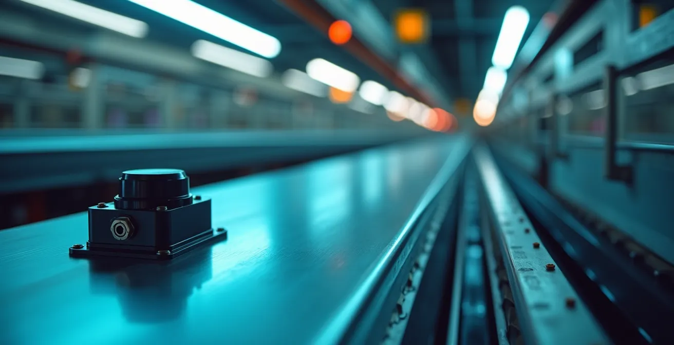 Capteur de proximité détectant des pièces métalliques sur convoyeur haute vitesse en environnement industriel
