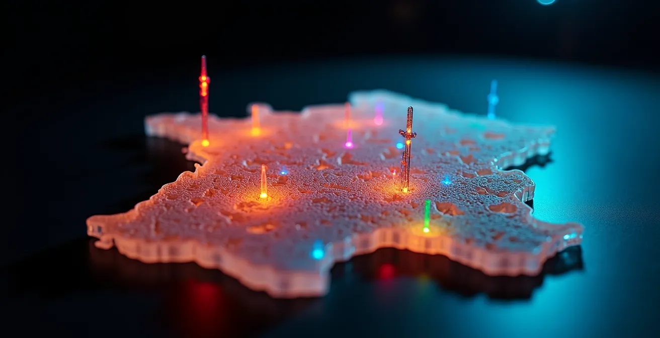 Visualisation abstraite de la couverture réseau mobile en France avec zones colorées