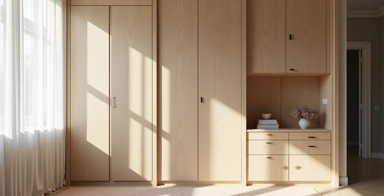 Meuble design avec compartiment technique caché intégrant discrètement une centrale d'alarme