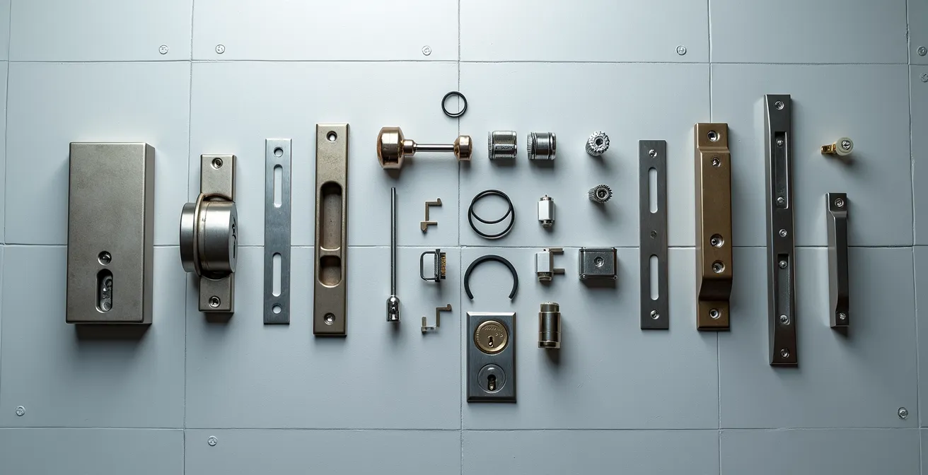 Vue en coupe d'un ensemble serrure certifié A2P montrant l'interdépendance des composants