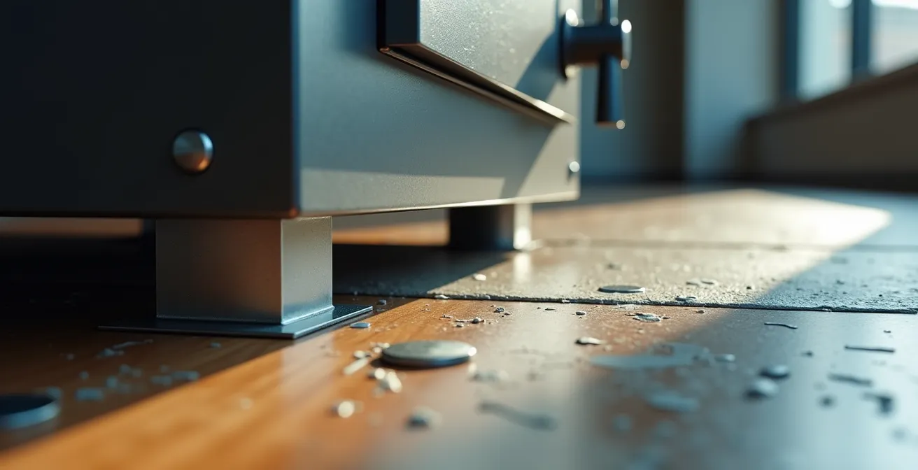 Vue macro des détails structurels d'un plancher supportant le poids d'une armoire forte