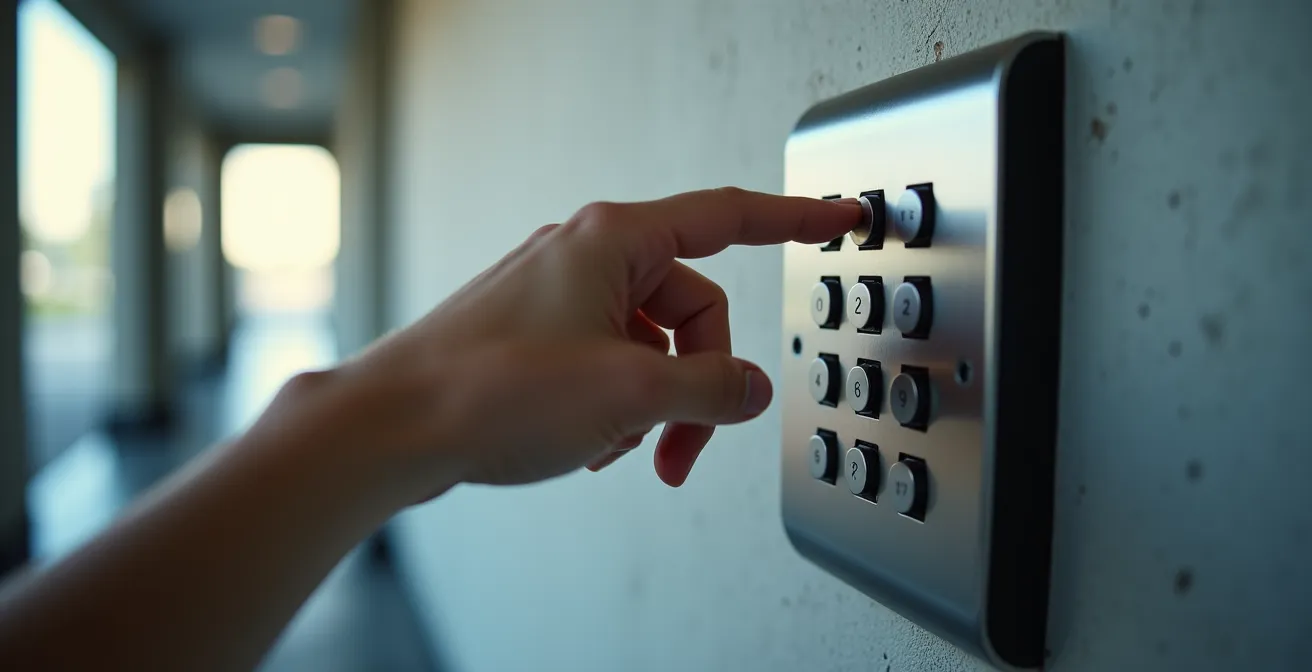 Clavier à code numérique fixé sur un mur d'entrée avec une finition moderne