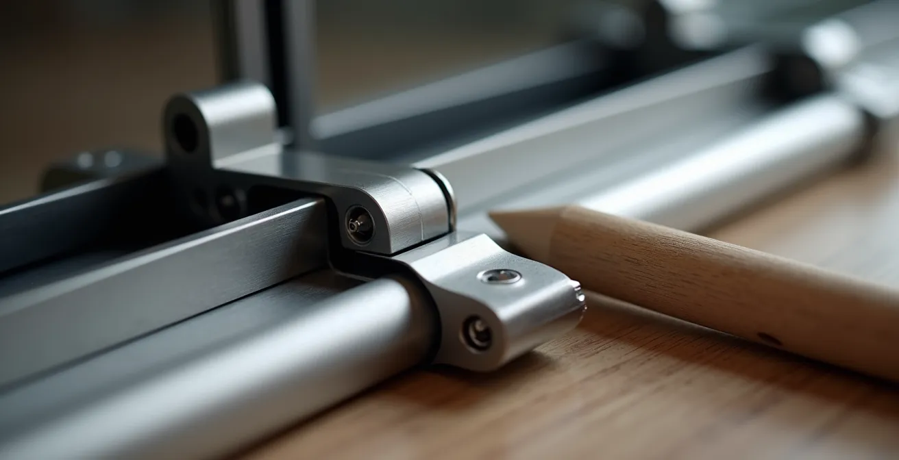Gros plan sur système de verrouillage professionnel en acier sur rail de baie vitrée
