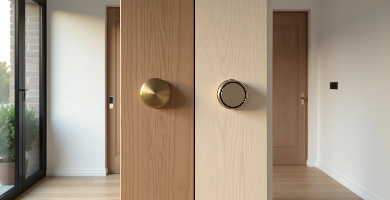 Vue comparative d'une porte avec serrure en applique traditionnelle et une porte moderne avec serrure encastrée invisible