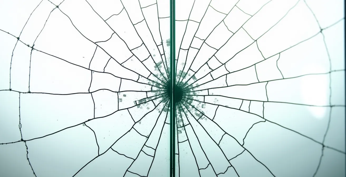 Comparaison visuelle de la fissuration d'un verre trempé (petits fragments) et d'un verre feuilleté (fissures linéaires).