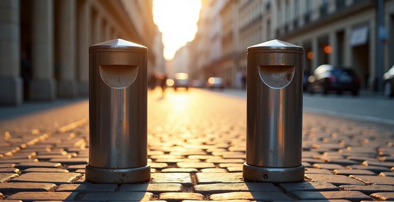 Vue comparative entre une borne fixe et une borne escamotable dans un environnement urbain français