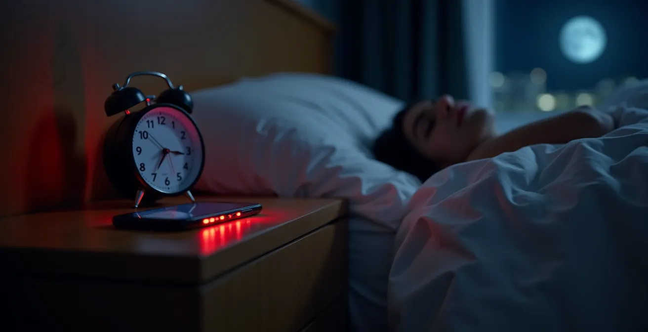 Smartphone sur table de nuit avec notifications d'urgence visibles dans l'obscurité