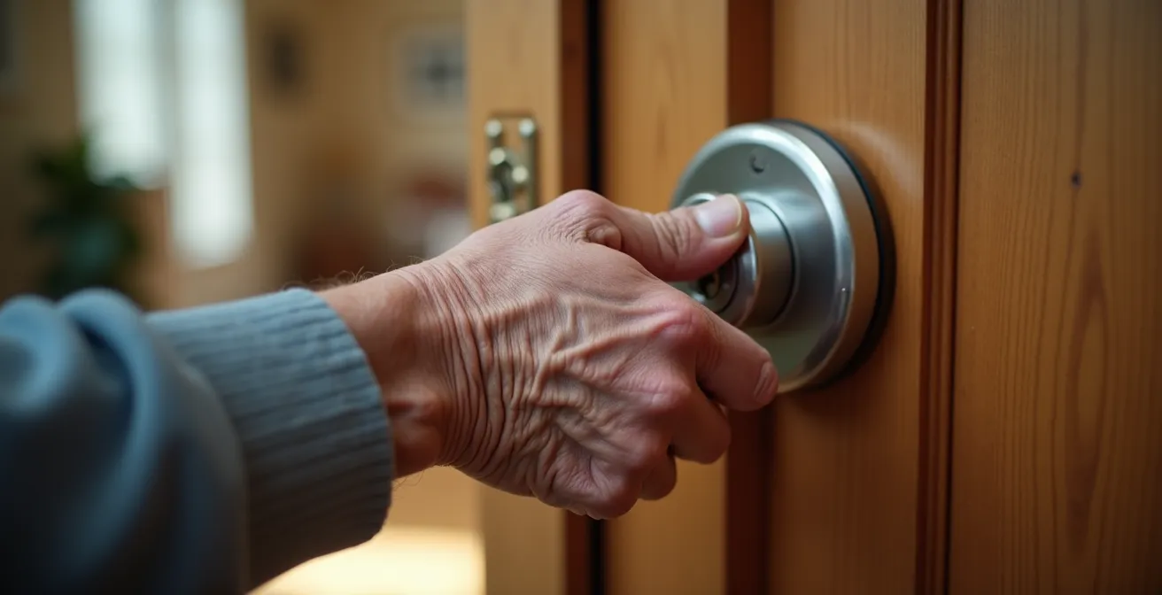 Main d'une personne âgée tournant une clé dans un cylindre débrayable moderne