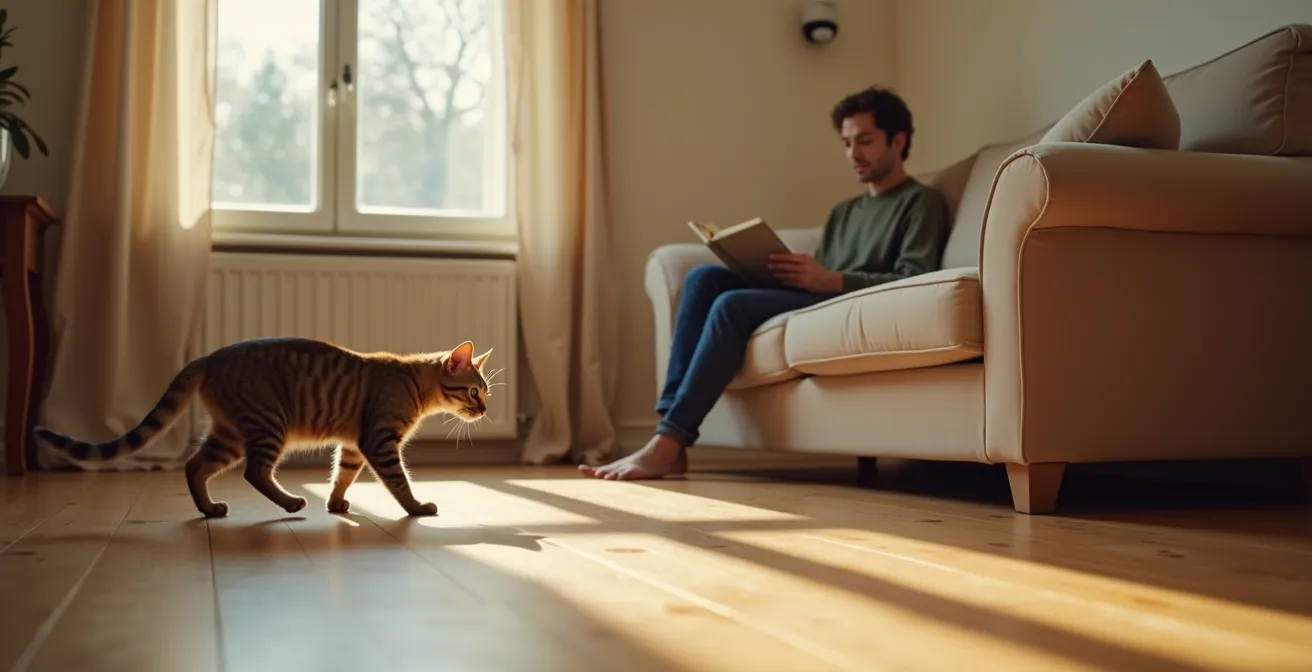 Détecteur avec immunité animaux dans un salon avec un chat passant dessous