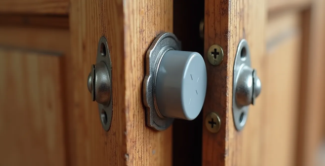 Détail technique d'un détecteur d'ouverture sur une porte avec système d'ajustement