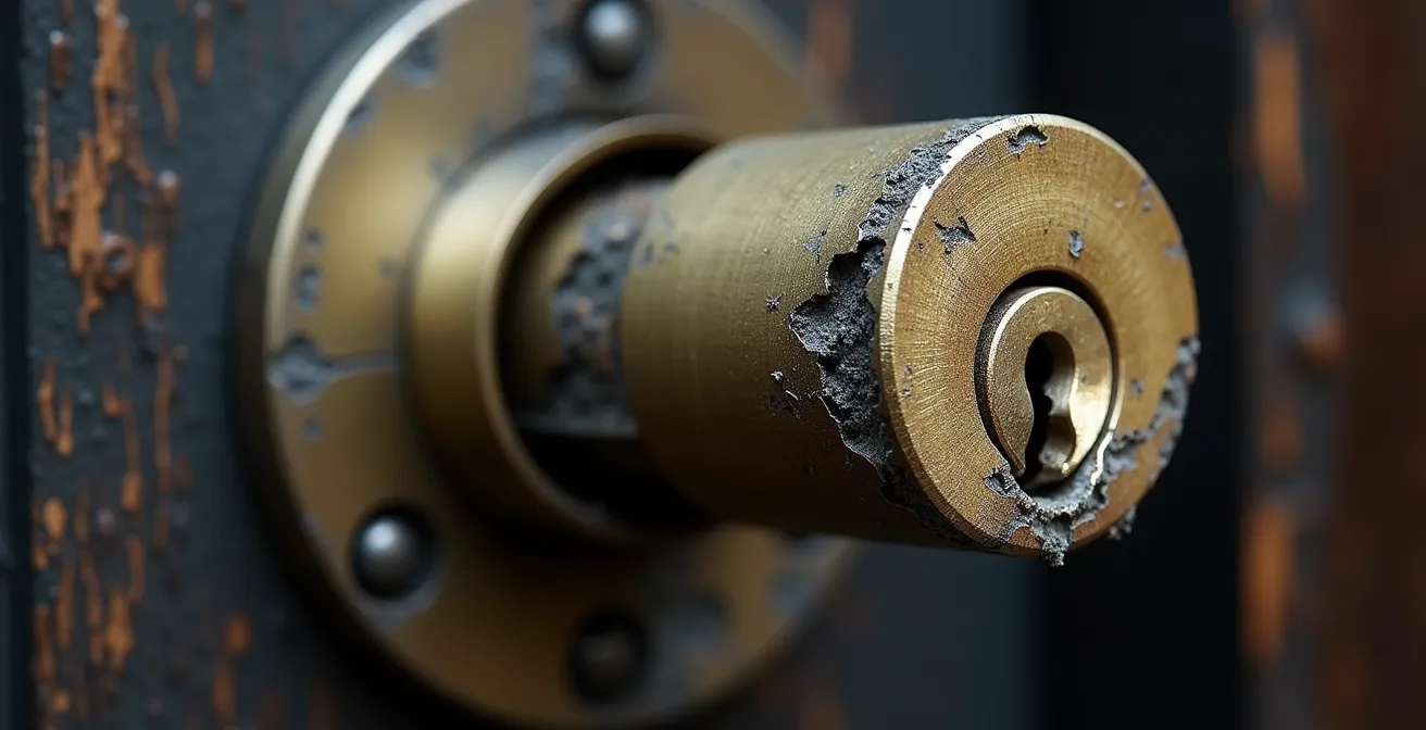 Gros plan macro sur un cylindre de serrure endommagé montrant les traces d'effraction