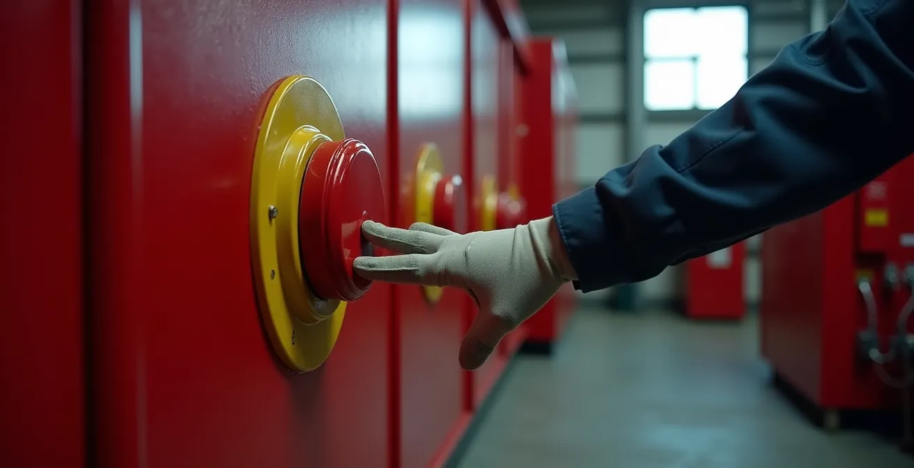 Mécanisme de déverrouillage d'urgence intérieur sur porte de sécurité industrielle