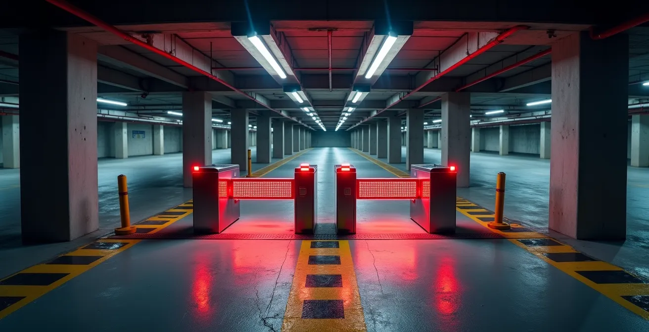 Système de double barrière avec cellules infrarouges dans un parking souterrain