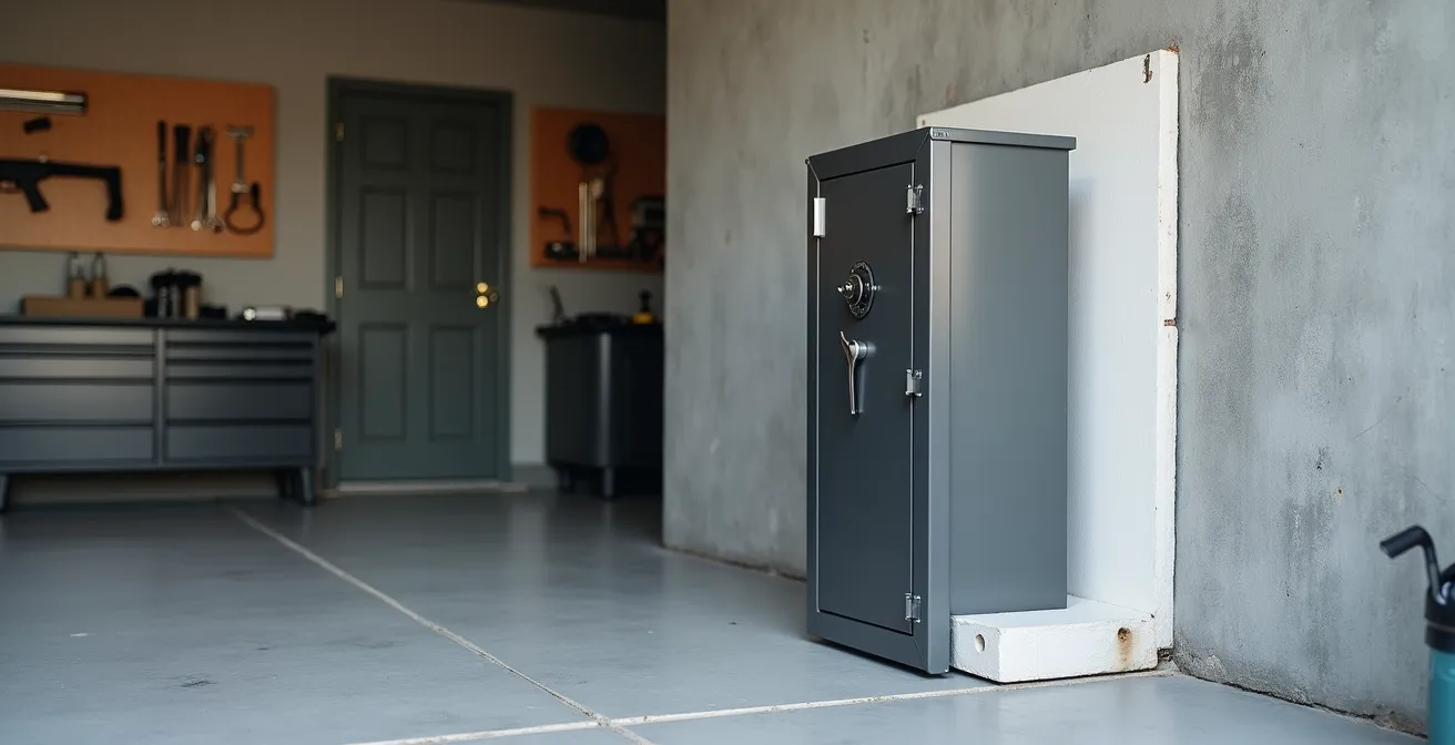Vue large d'une armoire forte correctement fixée dans un garage avec isolation visible