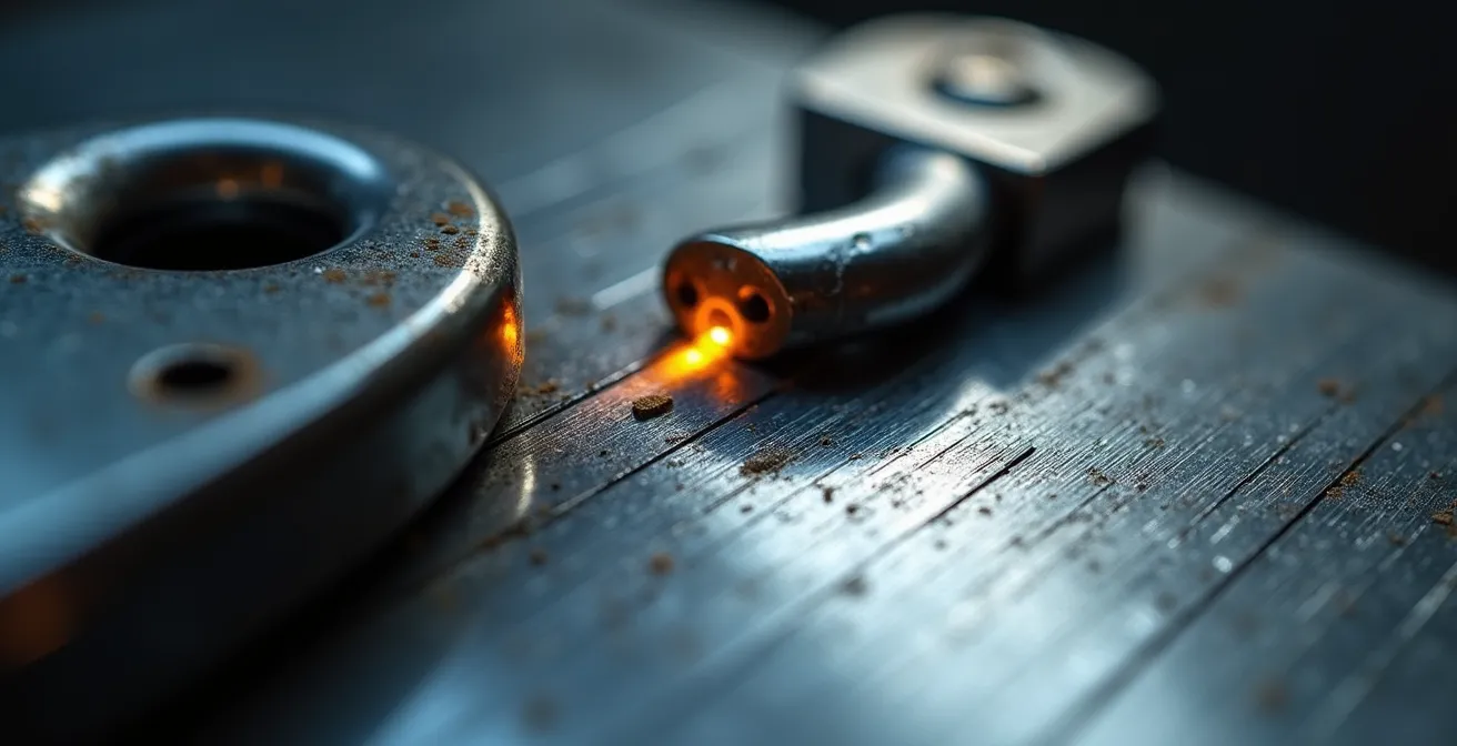 Schéma technique montrant la répartition des forces sur un crochet versus un pêne lors d'une tentative d'effraction