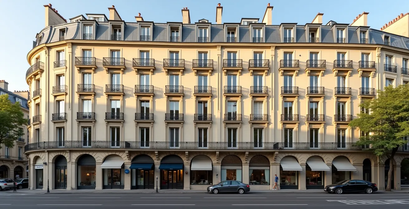Vue en contre-plongée d'un immeuble haussmannien montrant les différents étages avec leurs balcons et fenêtres