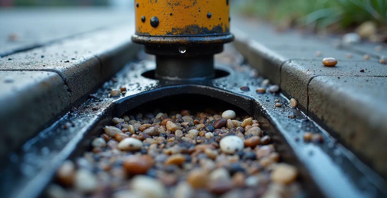 Coupe technique montrant l'installation d'une borne escamotable avec système de drainage intégré