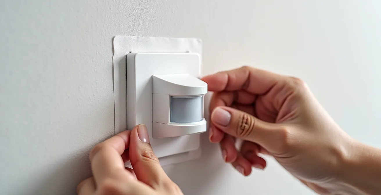 Gros plan sur l'installation d'un détecteur d'angle avec système de fixation adhésif