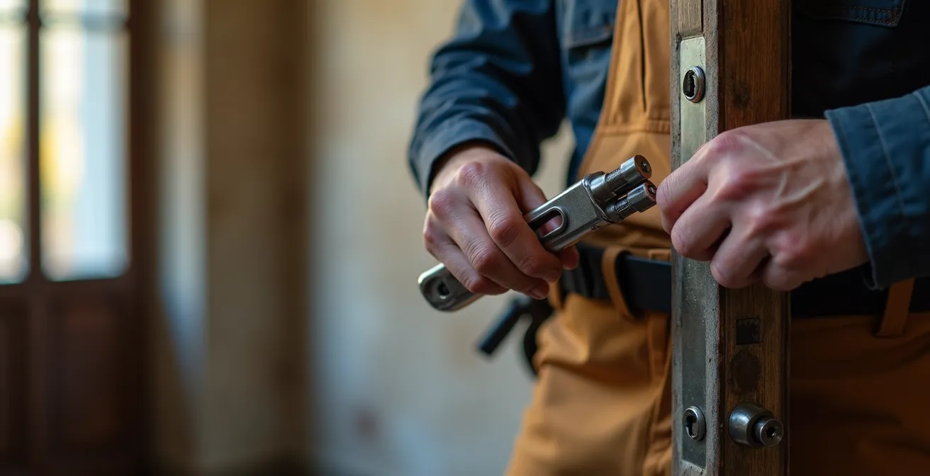 Serrurier professionnel installant une serrure multipoints certifiée sur une porte