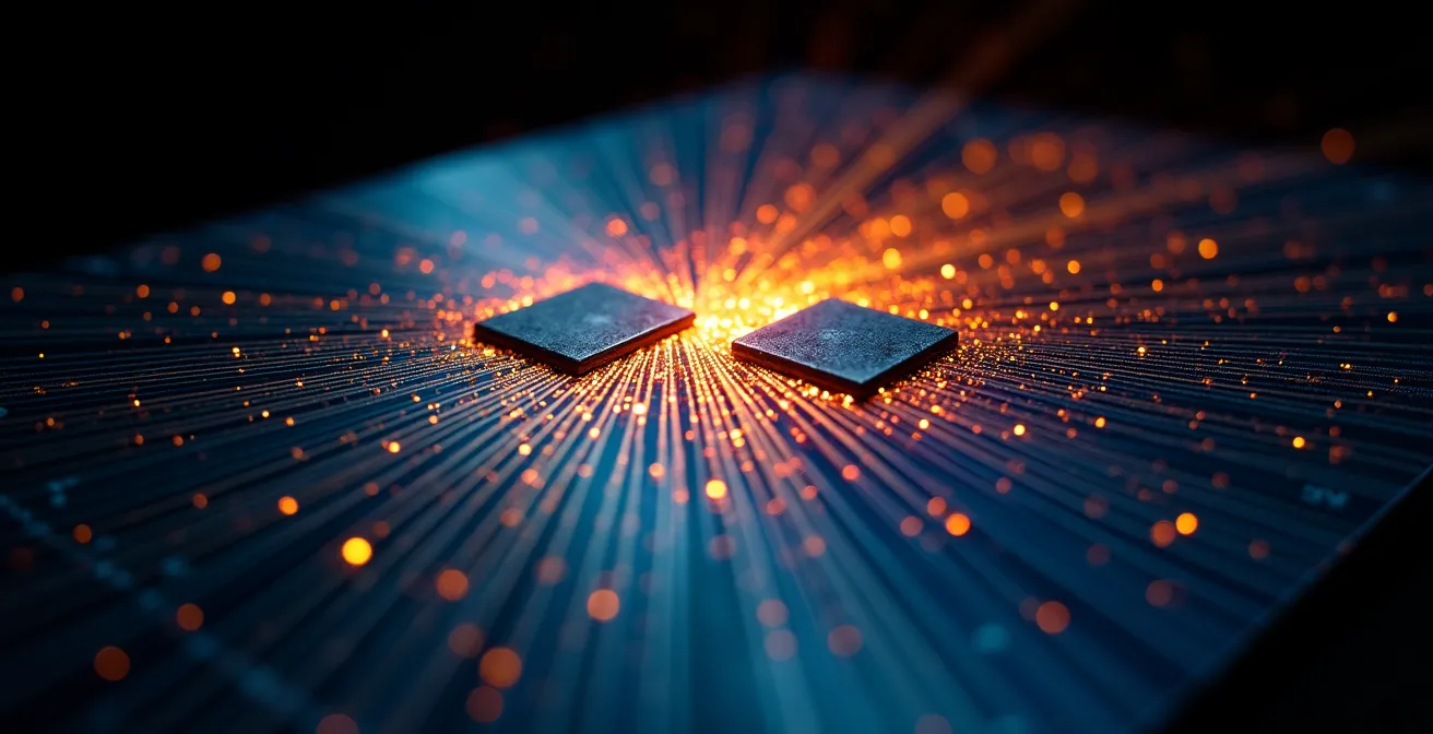 Vue macro d'ondes électromagnétiques interférant entre un smartphone et un badge RFID