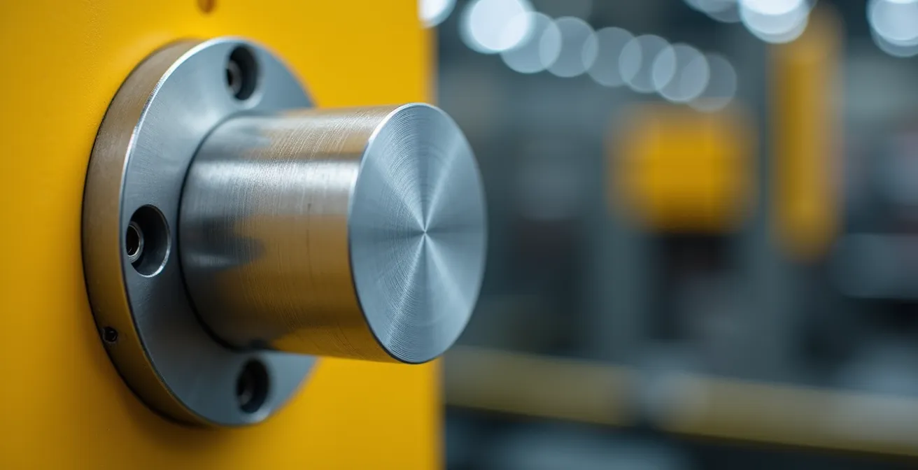 Gros plan macro sur un capteur de sécurité RFID codé monté sur un cadre de protection métallique