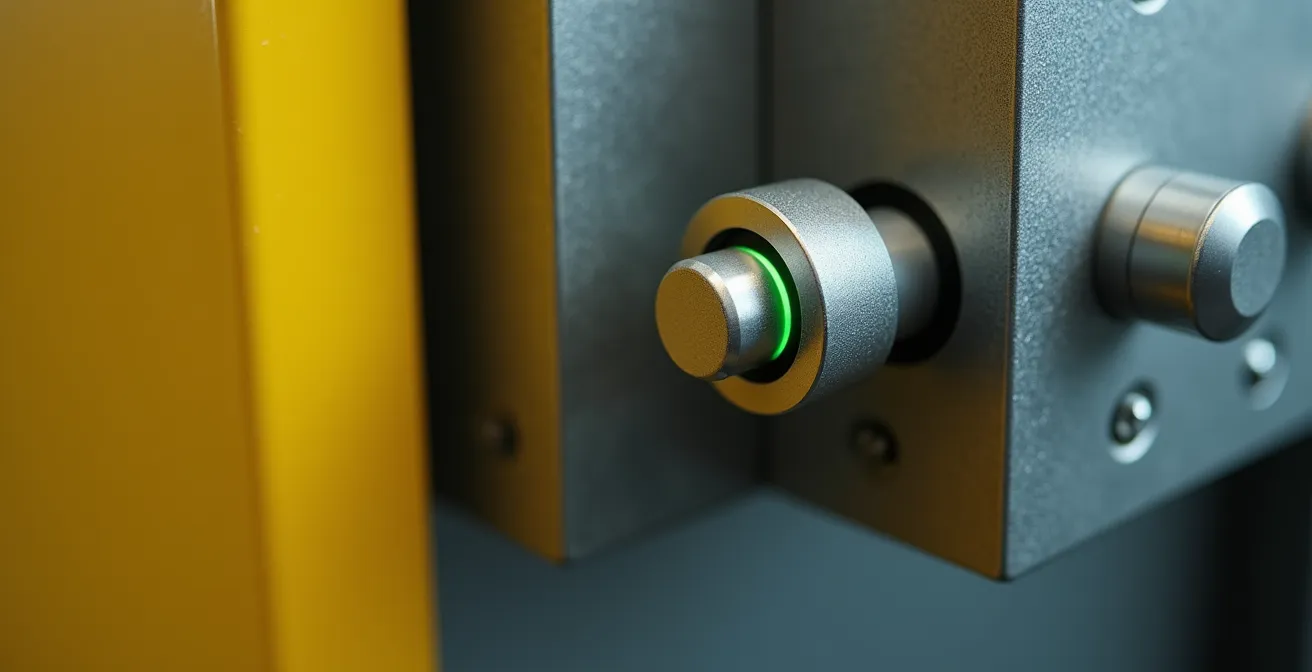 Système d'interverrouillage RFID installé sur un capot de protection de presse hydraulique avec témoin lumineux vert