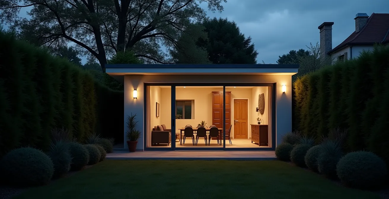 Vue grand angle d'une baie vitrée donnant sur jardin avec haies hautes créant zone isolée