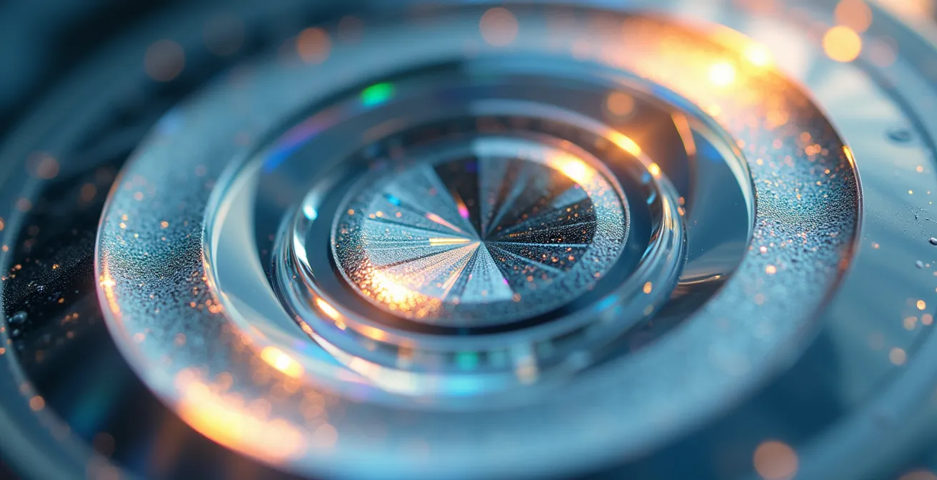 Vue macro détaillée d'une lentille de Fresnel avec ses multiples facettes concentriques