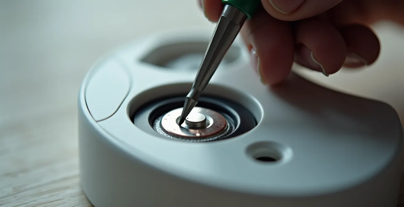 Gros plan sur des mains expertes remplaçant délicatement une pile dans un capteur d'alarme peint