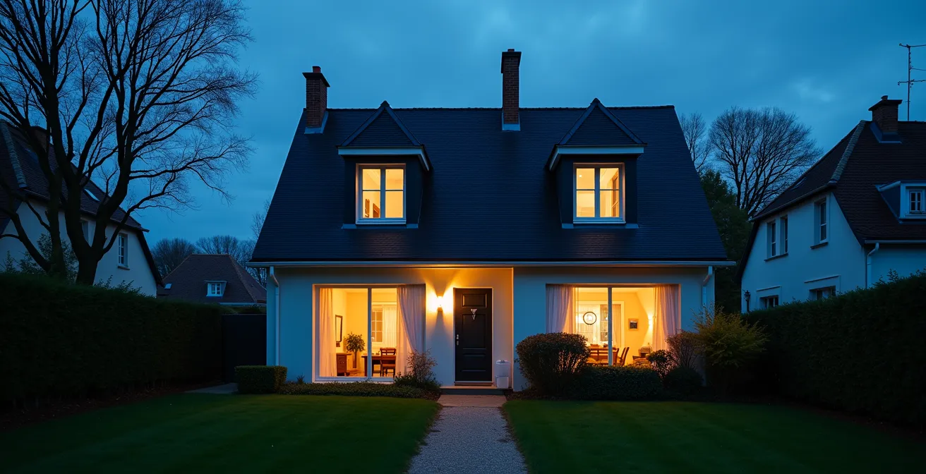 Maison française le soir avec éclairages intérieurs variés suggérant une présence