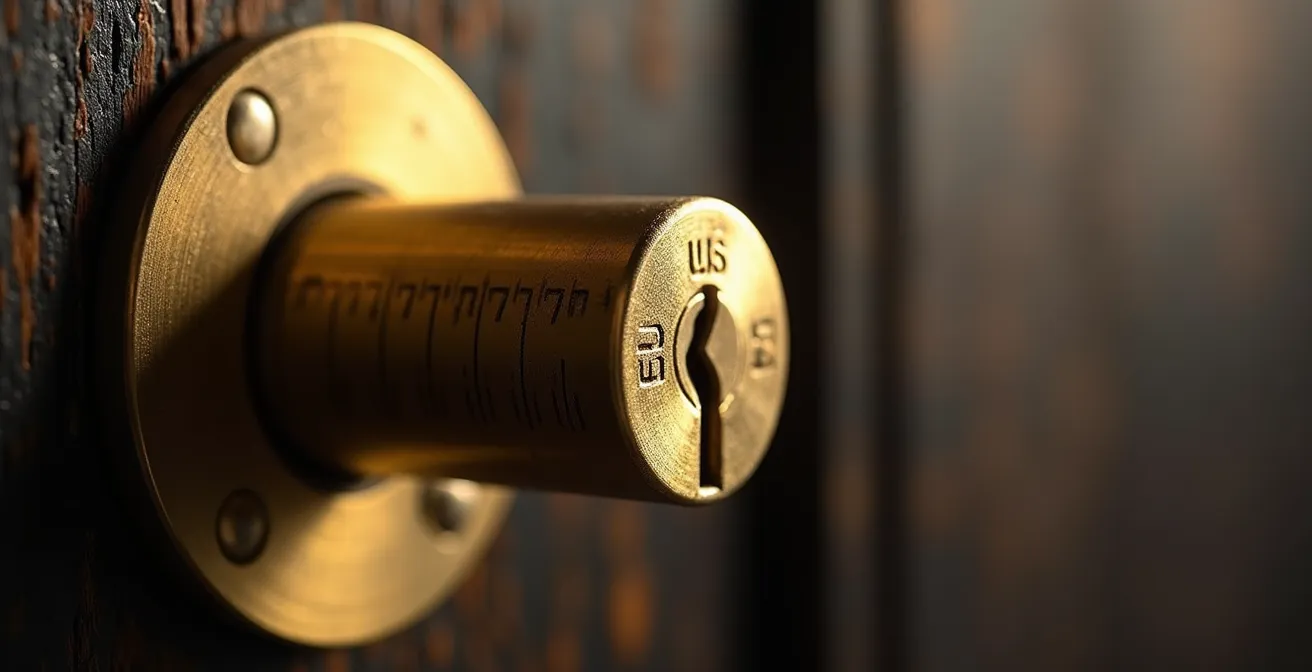 Vue macro d'un cylindre de serrure avec mètre ruban montrant la mesure précise