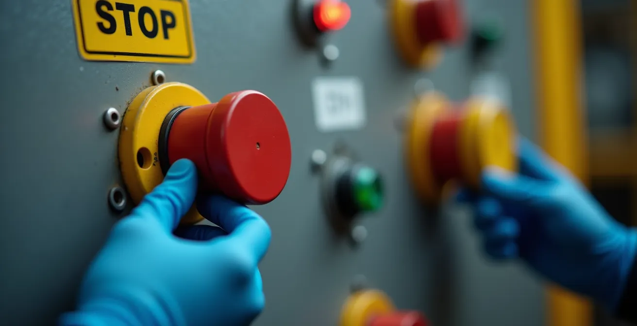 Main d'opérateur en gant de sécurité actionnant un bouton d'arrêt d'urgence rouge sur panneau de commande industriel