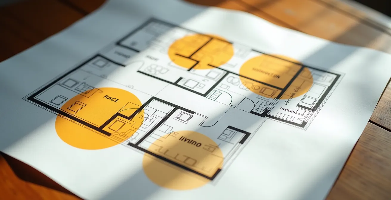 Vue aérienne d'un plan de maison avec zones de détection volumétrique
