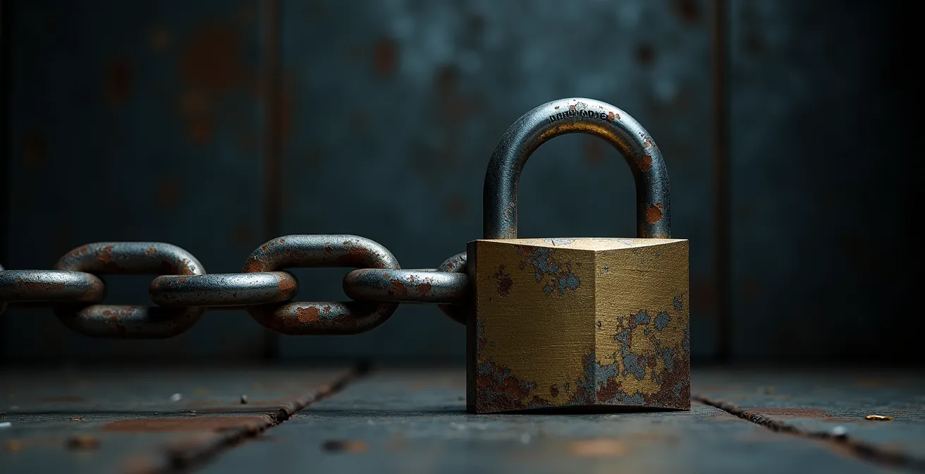 Vue détaillée du moraillon, maillon faible du système de fermeture