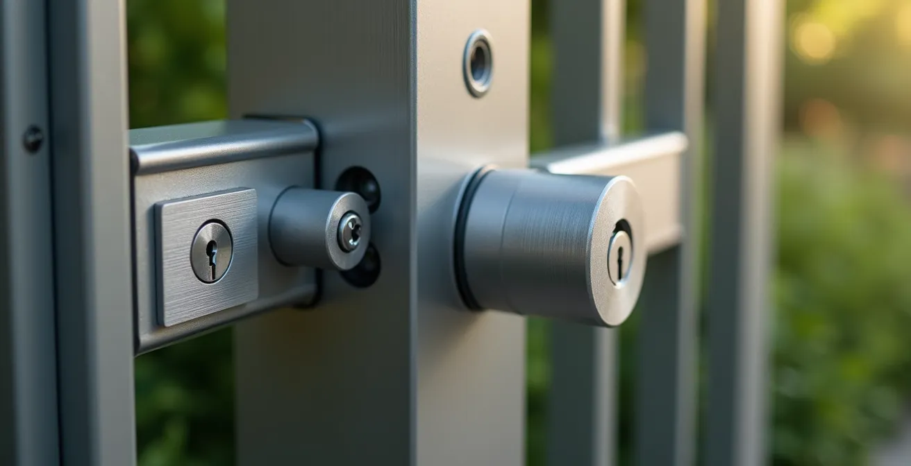 Gros plan sur un portail en aluminium avec système de double verrouillage et motorisation visible