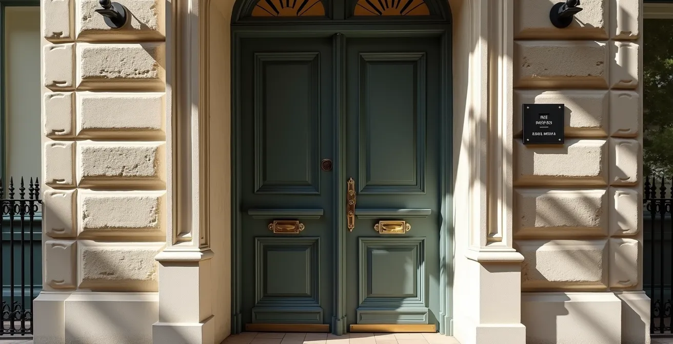 Vue extérieure d'une porte d'entrée sécurisée dans un immeuble parisien typique
