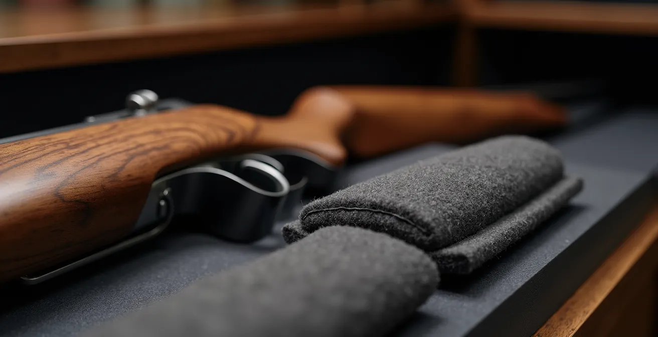 Détail macro d'une crosse en noyer protégée par un support en feutrine dans une armoire