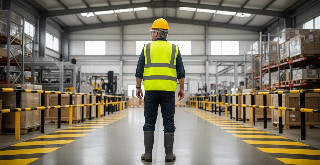 Responsable sécurité effectuant une tournée d'inspection dans un site industriel équipé de barrières de protection